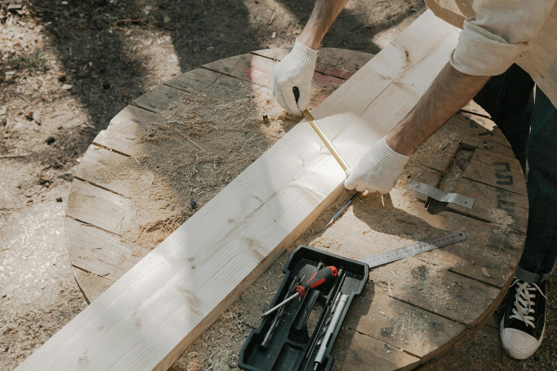 Craftsperson measuring timber for a custom kitchen